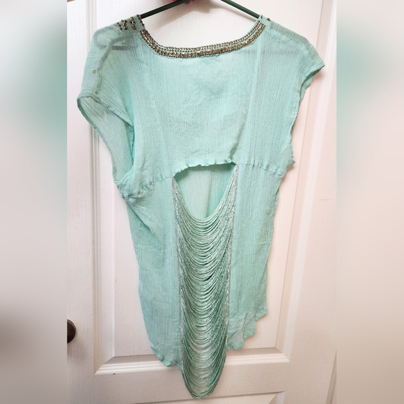 Mint Green Gauze and Fringe Open back Top w Bronze sequins Size M-L - Picture 5 of 9